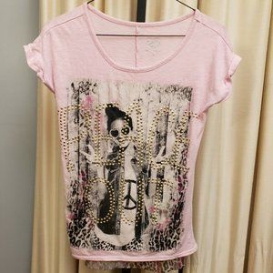 Justice "Peace Out" T-shirt w/ Half Semi Sheer Back with Design Pink Size 10